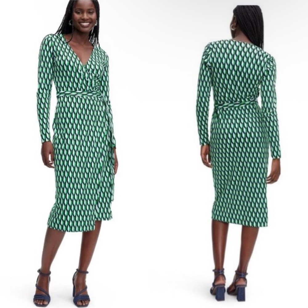 Diane Von Furstenberg Long Sleeve Midi Arrow Geo Green Wrap Dress DVF Target S